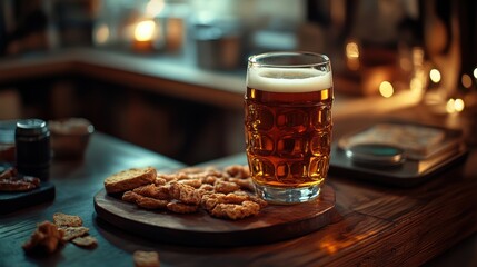 Cold beer with roasted peanuts, on wooden table, Still Life style