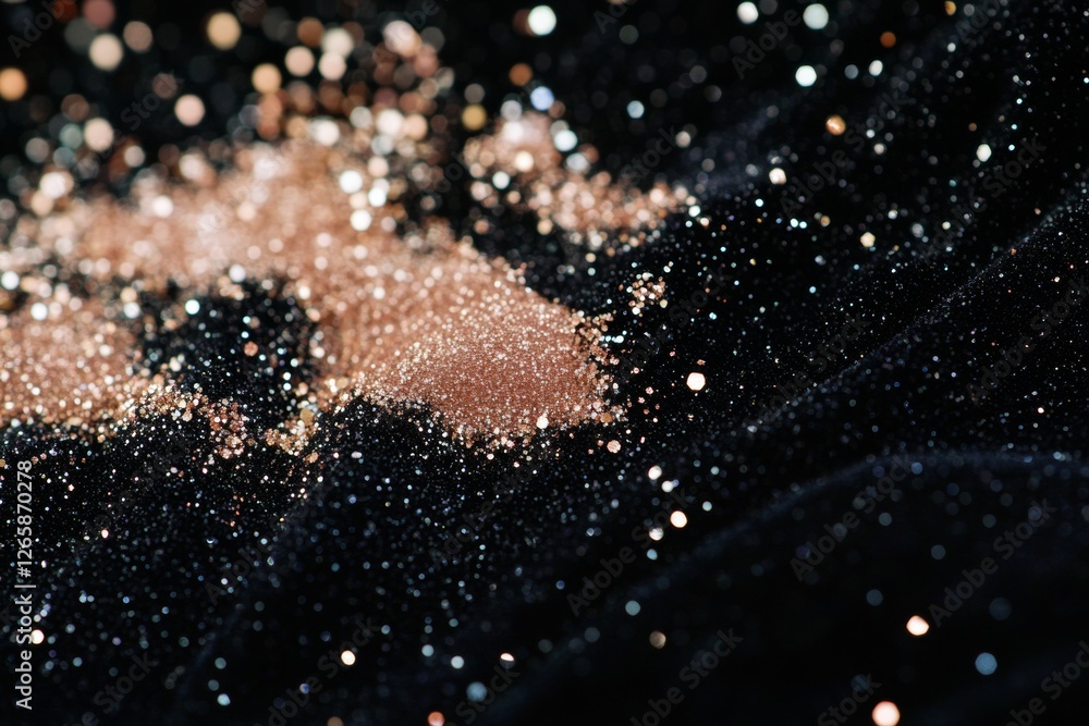 Poster close-up view showcases shimmering eyeshadow particles scattered on a soft black velvet background, 