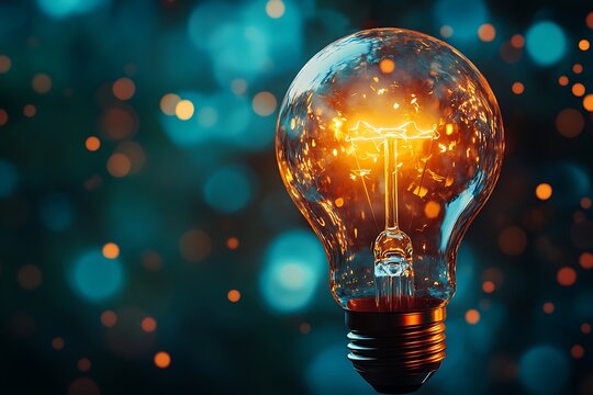 A close-up of a glowing light bulb with a vintage filament, symbolizing innovation and bright ideas against a dark - Powered by Adobe