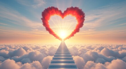 glowing Stairway to Heaven, Red heart shape sunset, heavenly, radiant light, inspirational, love