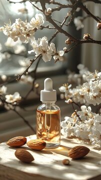 Mandelic acid serum surrounded by blooming branches and almonds in soft illumination. Generative AI.