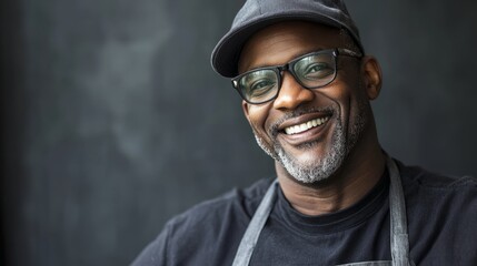 Obraz premium Smiling vendor in uniform, exuding warmth and professionalism in a simple portrait.