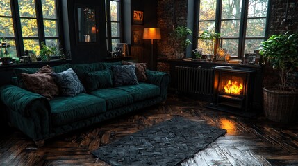 Cozy autumn living room with fireplace, dark wood floors, and large windows