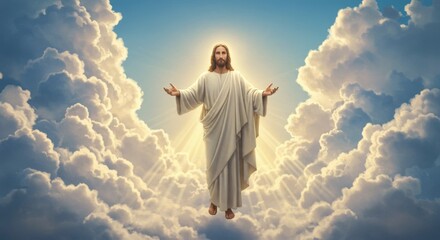 Jesus Christ is standing on the clouds with open his arms and above sky,  jesus, spiritual, resurrection, ascension, christ, faith, light, eternal life, salvation, redemption, glory, peace