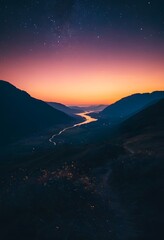 Night Sky over Mountain Valley with River and Road