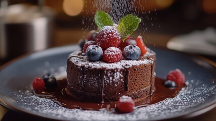 Close up Chocolate Cake with Fresh Berries Beri on a blue, blue chocolate chocolate plate with berries, dusting a with sugar on decorative plate