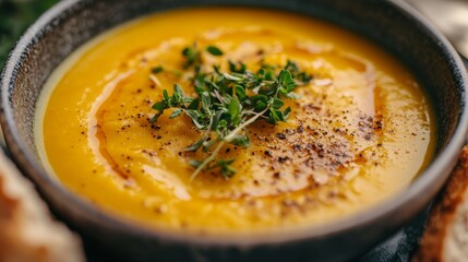 Close-up of a vibrant vegetable soup in a bowl garnished with fresh herbs served with whole grain bread with rustic lighting