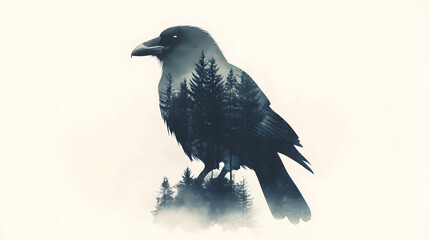 Fototapeta premium A double exposure of the silhouette of a crow filled with a forest 
