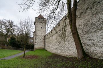 Museggmauer, an old city wall fort in Lucerne from the Medieval ages, Switzerland
