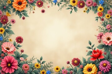 Vintage Floral Border Design with Colorful Flowers and Leaves