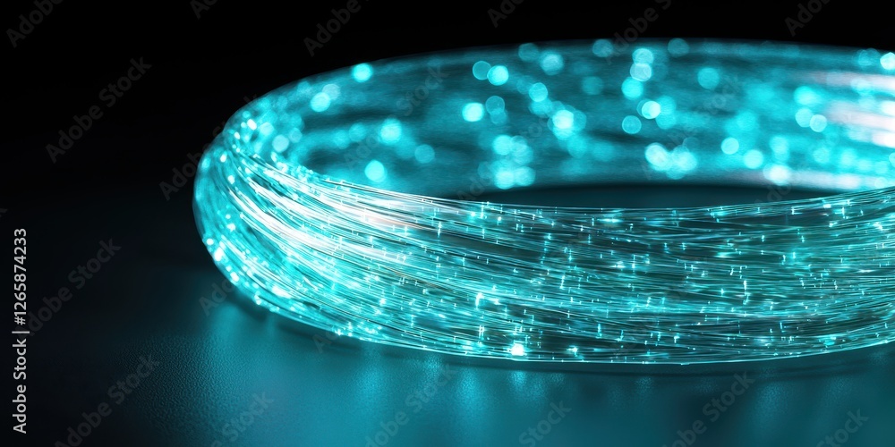 Poster data cable coating solutions. glowing turquoise wire coil on a dark background, creating a mesmerizi