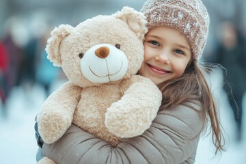 Little girl joyfully embraces her plush teddy bear in the snow
