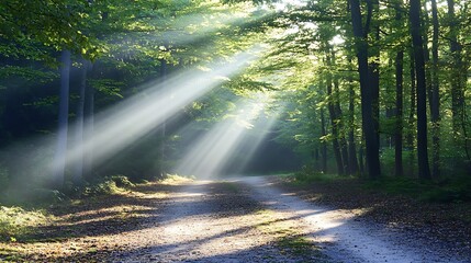 Obraz premium Sunbeams Illuminate Forest Path Through Lush Green Trees