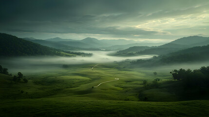 Fototapeta premium Misty valley sunrise, winding path, green hills, peaceful landscape