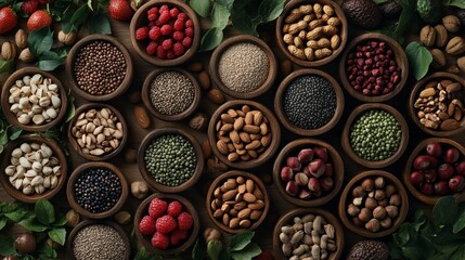 Assorted nuts and seeds composition on a wooden background with fresh fruits and leafy greens