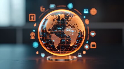 A futuristic globe displays interconnected digital icons, symbolizing global technology and data exchange.