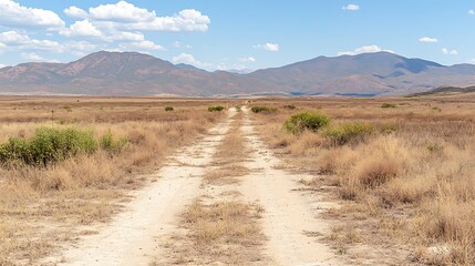 Fototapeta premium Arid landscape road leads towards distant mountains