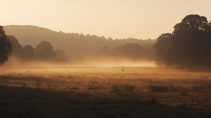 Golden Sunrise Mist Over Pastoral Landscape With Cattle