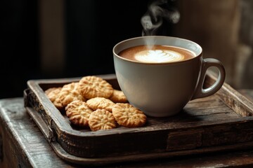 A steaming cup of coffee sits gracefully on a vintage wooden tray alongside a selection of golden-brown cookies