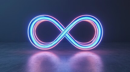 Fototapeta premium A glowing infinity symbol in blue and pink neon lights, set against a dark background, creating a modern and vibrant visual effect.