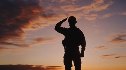 Soldier saluting in silhouette against sunset, embodying honor and resilience.