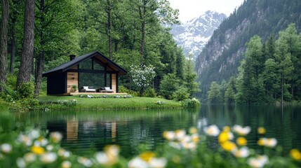 Fototapeta premium Lakeside modern cabin, mountain view, tranquil nature, peaceful retreat