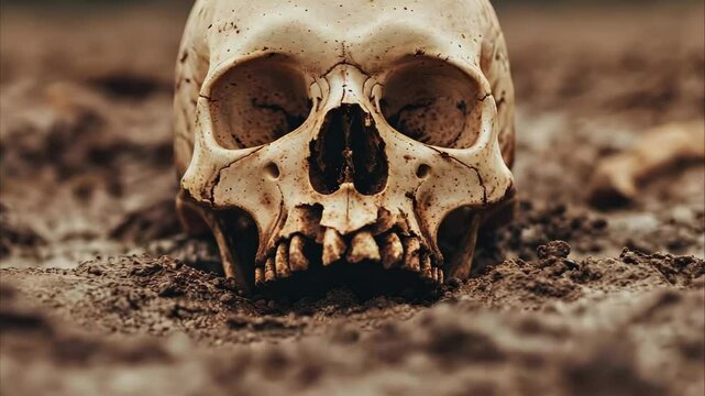 A human skull partially buried in soil, showing detailed features and texture, suggesting themes of mortality or archaeology.