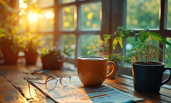 A cozy morning scene with a steaming cup of coffee on a wooden table, surrounded by plants, sunlight streaming through the window