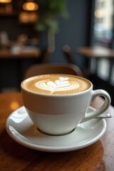 Obraz premium Perfectly poured latte, frothy milk, cafe setting, steam, food photography, gourmet coffee