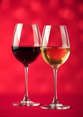Two glasses of wine one red and one white on a red bokeh background bokeh red bokeh abstract background glow design light texture effect sparkle
