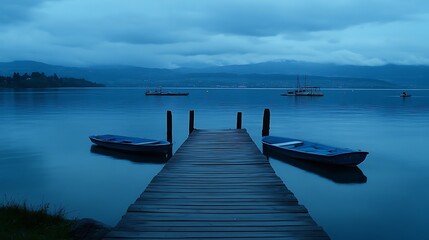 Fototapeta premium Serene Lake Scene with Wooden Dock and Boats