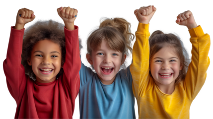 Diverse Children Celebrating Joyful Kids Raising Hands for Success, isolated on transparent background.