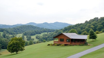 Mountain cabin, green hills, scenic view, vacation rental