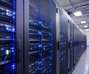 Server Room with Server Racks with Full of Servers, Big Data Center and Cyber Technology 