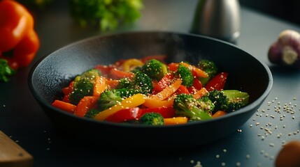 Vibrant Vegetable Stir-fry In A Cast-Iron Skillet with Colorful Bell Pepper Broccoli and Carrots Garnished with Sesame Seeds
