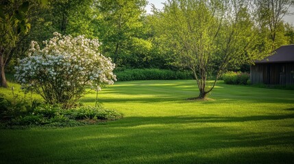 Obraz premium Springtime home surrounded by lush greenery and blooming trees, embodying serene natural beauty. 