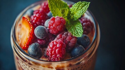 Close Up of Chia Seed Pudding with Berries and Mint Leaves in a Glass Jar