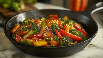 Vegetable Stir-Fry in Cast-Iron Skillet with Colorful Vegetables like Colorful bell peppers broccoli carrots vegetables cooking  in a cast-iron skillet with sesame seed, on a white marble counter