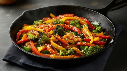 Colorful Stir-Fry on Cast-Iron Skillet with Red Pepper Broccoli and Carrots Dark Background Stir. Vibrant vegetable Stir Fry. Garnishes of Sesame Seeds in cast iron skillet with vibrant colors