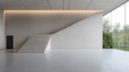 Modern minimalist house interior staircase, large window, nature view