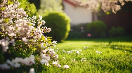 Obraz premium Springtime home surrounded by lush greenery and blooming trees, embodying serene natural beauty. 