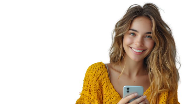 Woman in Yellow Sweater Using Smartphone for Happy and Casual Lifestyle, isolated on transparent background.