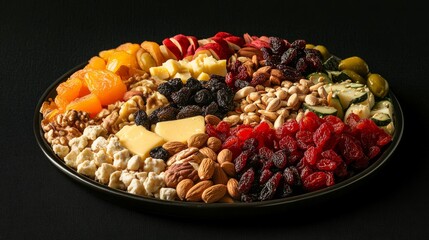 Assorted vegan cheeses served on a platter of assorted dried fruits nuts and food. It'is an epic of the food photography