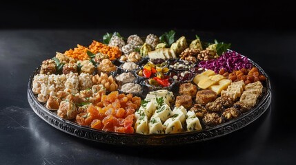 Vegan Cheese Assorted Platter of Vegan Cheese Nuts and Dried Fruits Dark Background