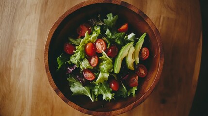 Overhead shot of a fresh salad with mixed greens cherry tomatoes avocado in wooden bowl