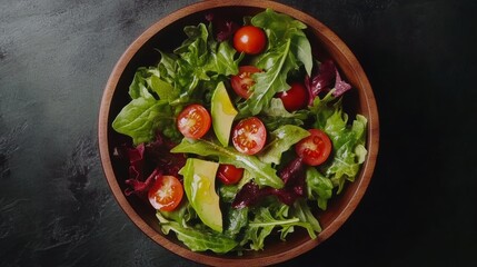 Overhead shot of salad with mixed greens cherry tomatoes avocado and a drizzle of olive oil in a wooden bowl made potrait. Featuring the subject matter is in the center focus shot