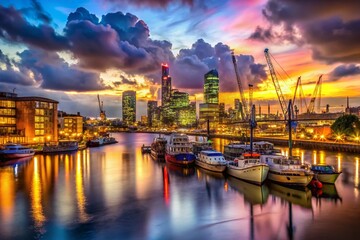 Obraz premium London Thames River Night Photography: Boats, Cranes, Cityscape