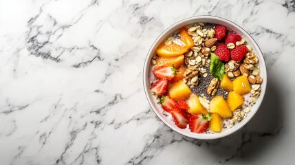 Colorful Smoothie Bowl with Sliced Fruits on Marble Background