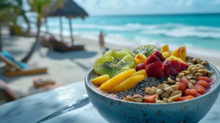Close-Up Of Smoothie Bowl Featuring Slice Fruits Nuts And Seeds On a Marble Countertop With a Blurred Background