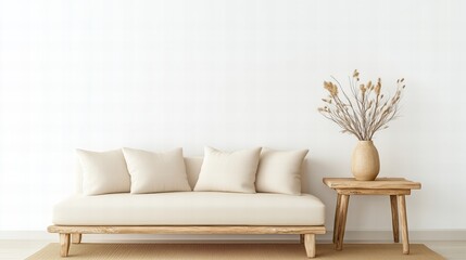 Beige Sofa with Pillows Beside Wooden Table With Flower Vase Against White Wall